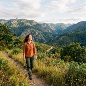 Hiker walking along a flower-lined mountain trail overlooking a forested valley