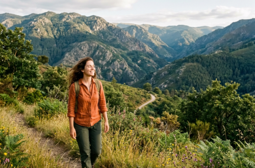 Hiker walking along a flower-lined mountain trail overlooking a forested valley